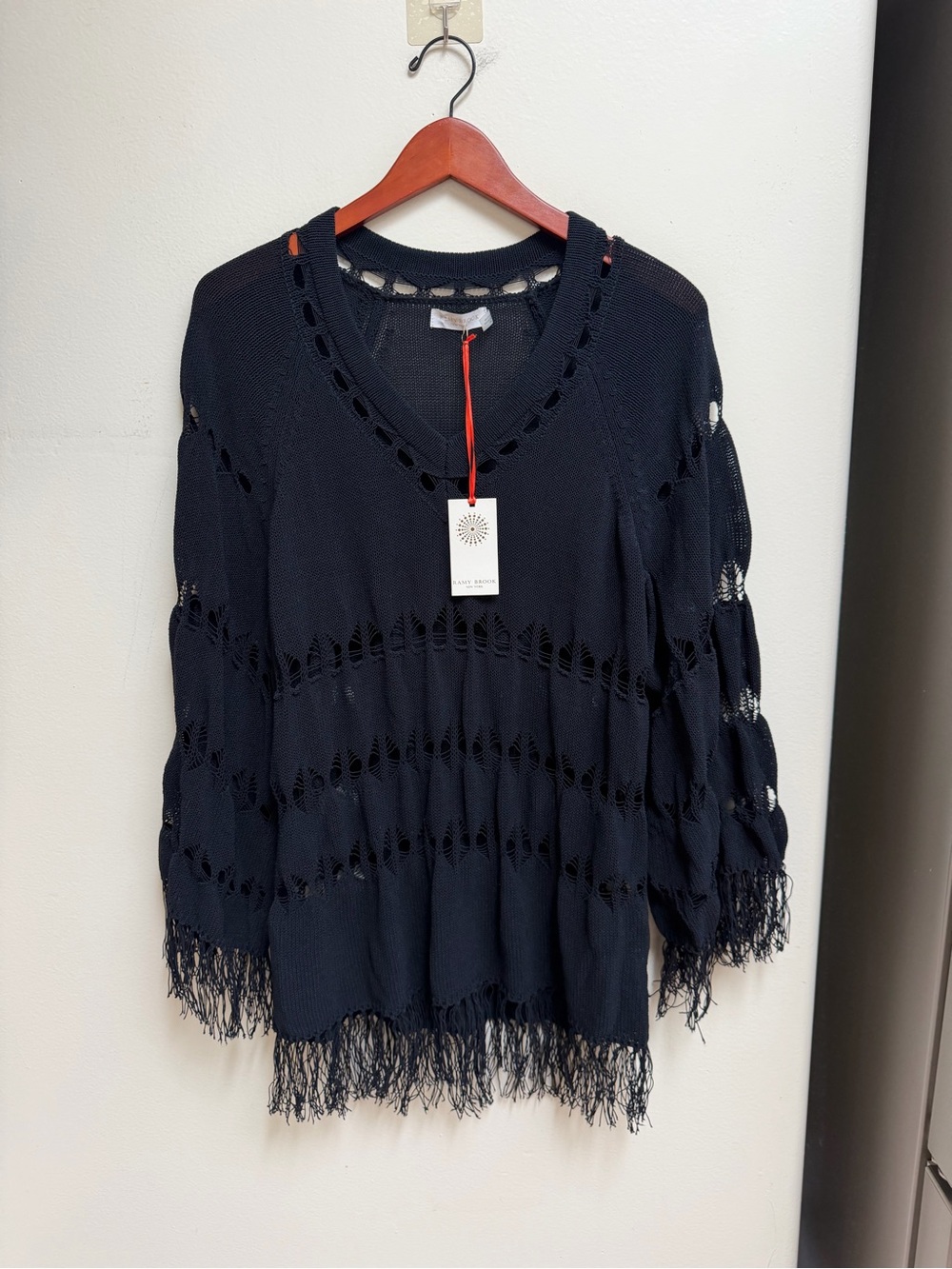NWT Ramy Brook Bobbi Pancho Black Open Knit Fringe Sweater